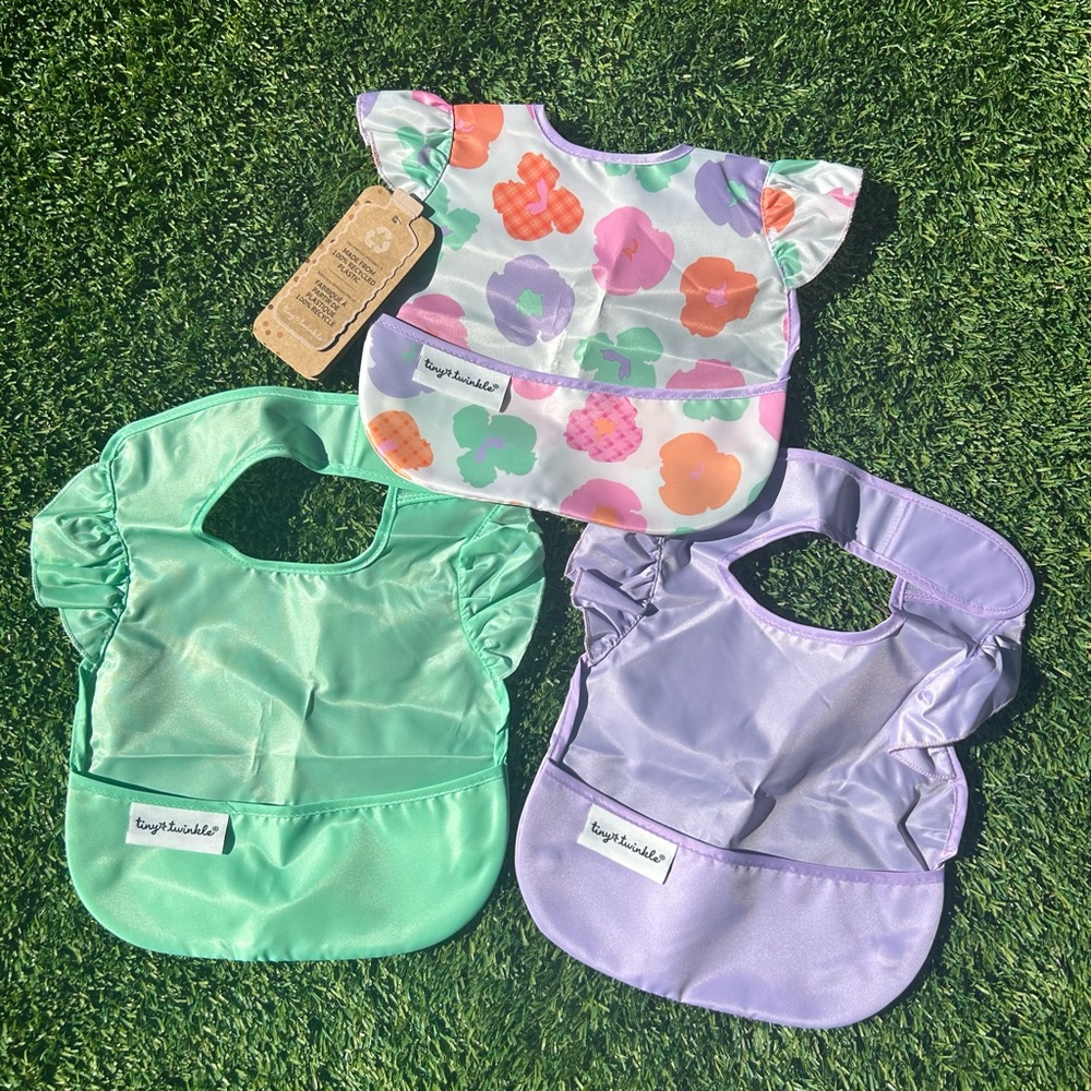 Tiny Twinkle 3 Pack set Floral Pop Baby Bibs W/ Pocket Wipeable Waterproof New